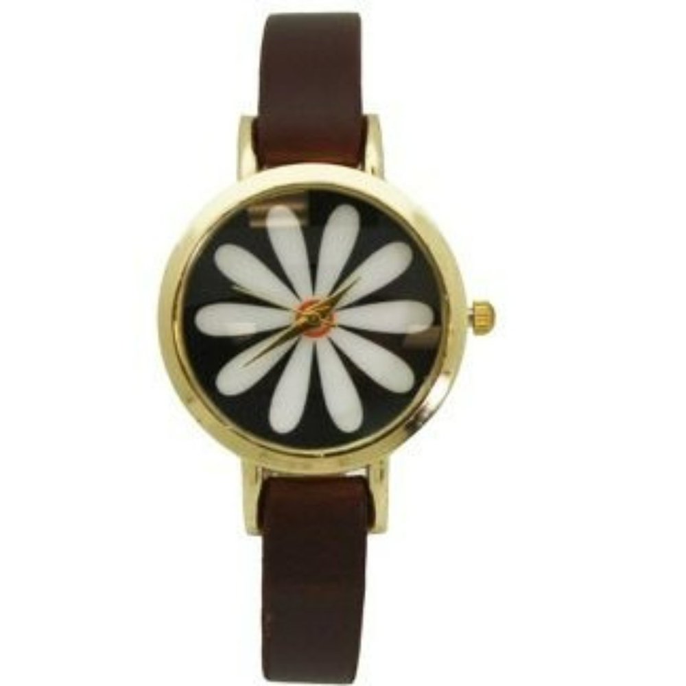 Olivia Pratt Large Flower Face Skinny Leather Strap Watch